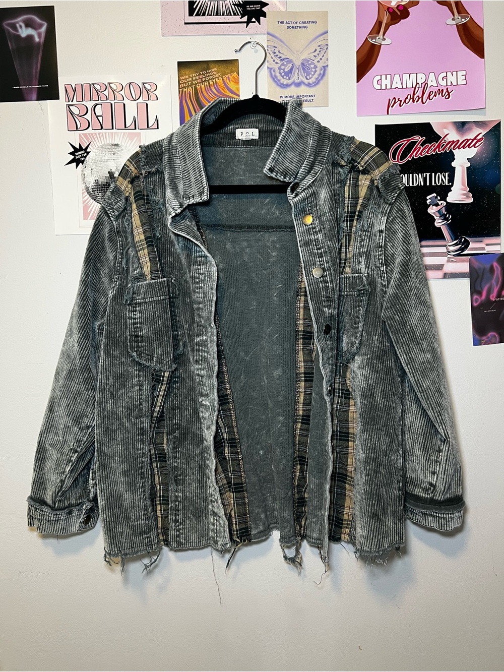 POL Distressed Grey Corduroy Jacket with Plaid Trim